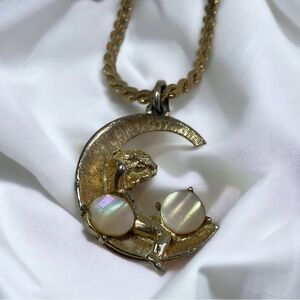 Vintage 1960s Angel on Moon with Mother of Pearl Gold Plated Pendant Necklace